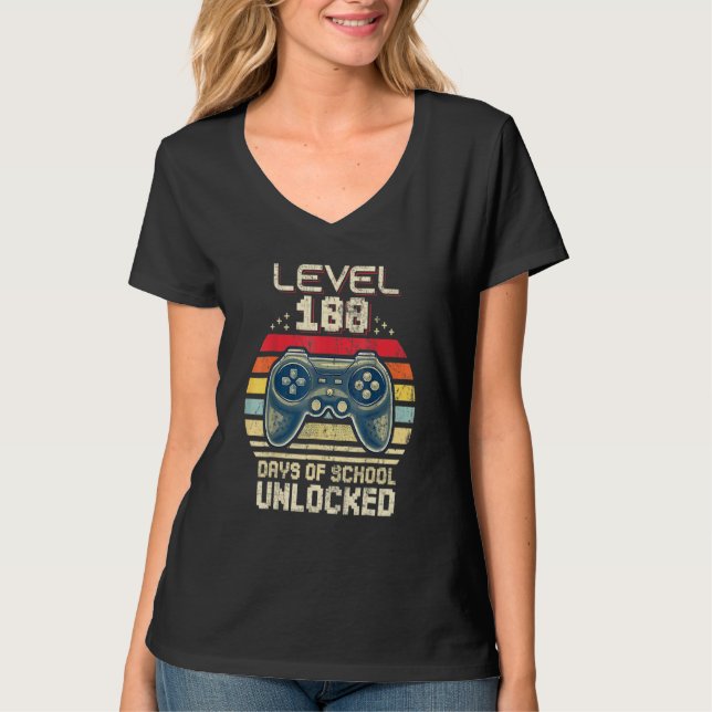 Camiseta Level 100 Days Of School Unlocked Retro Video Game (Frente)