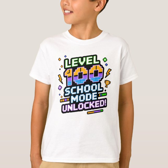 Camiseta Level 100 School Mode Unlocked 100th Day of School (Frente)