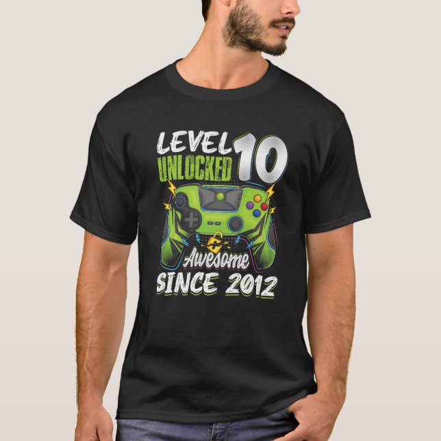Camiseta Level 10 Unlocked Awesome 2012 10Th Birthday Boy V (Frente)