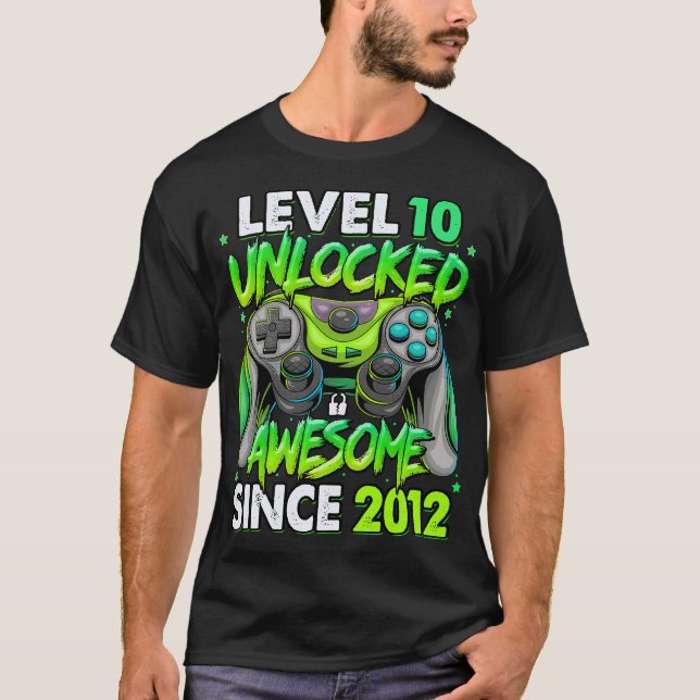 Camiseta Level 10 Unlocked Awesome Since 2012 10th Birthday (Frente)