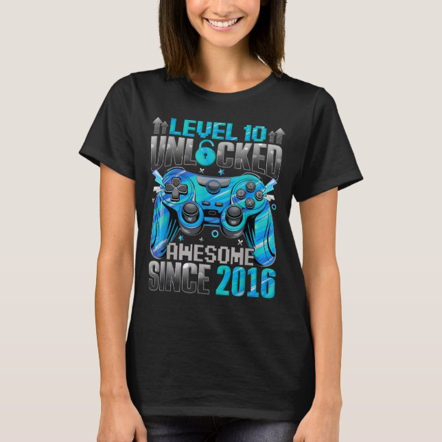 Camiseta Level 10 Unlocked Awesome Since 2016 10th Birthday (Frente)