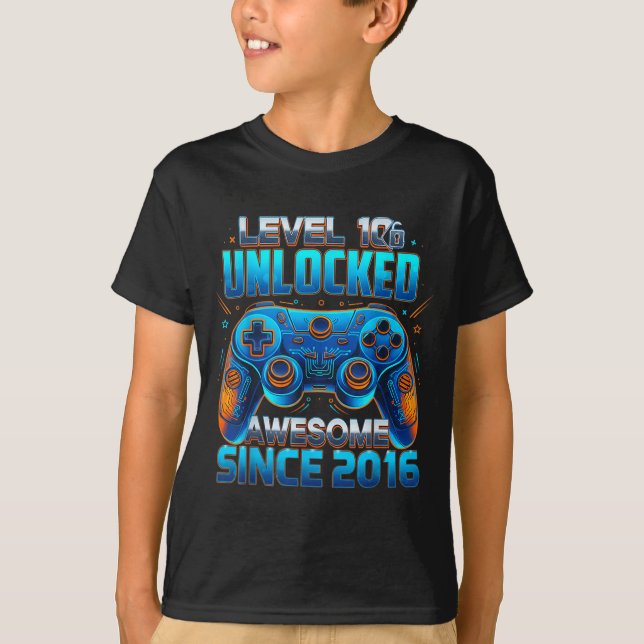 Camiseta Level 10 Unlocked Awesome Since 2016 10th Birthday (Frente)
