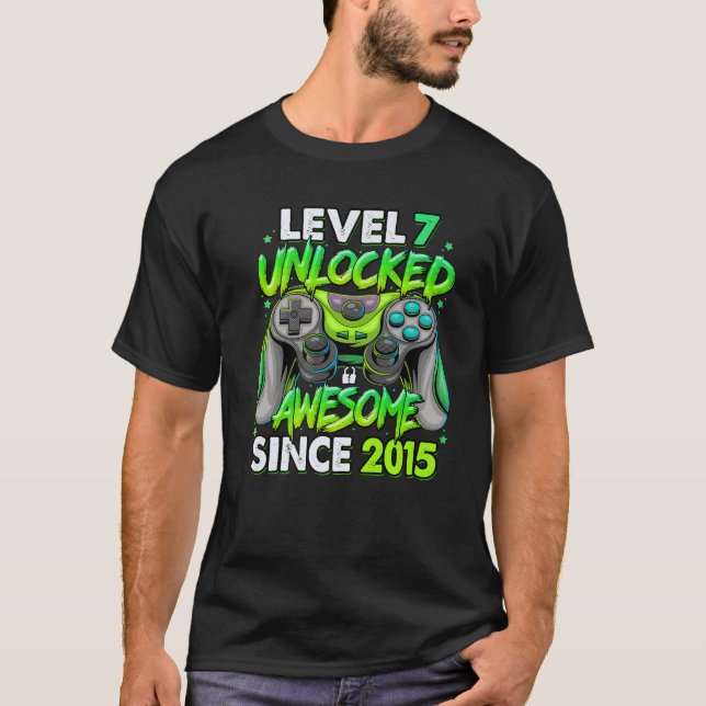 Camiseta Level 7 Unlocked Awesome Since 2015 7Th Birthday G (Frente)