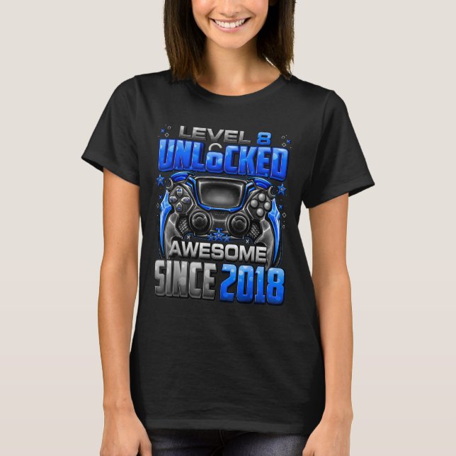 Camiseta Level 8 Unlocked Awesome Since 2018 8th Birthday G (Frente)
