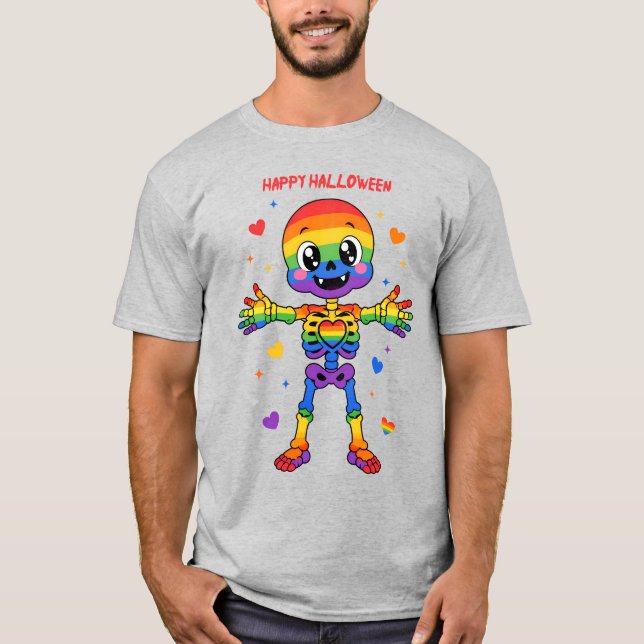 Camiseta 🎃🌈LGBT Arco-íris Ossos Feliz Halloween (Frente)