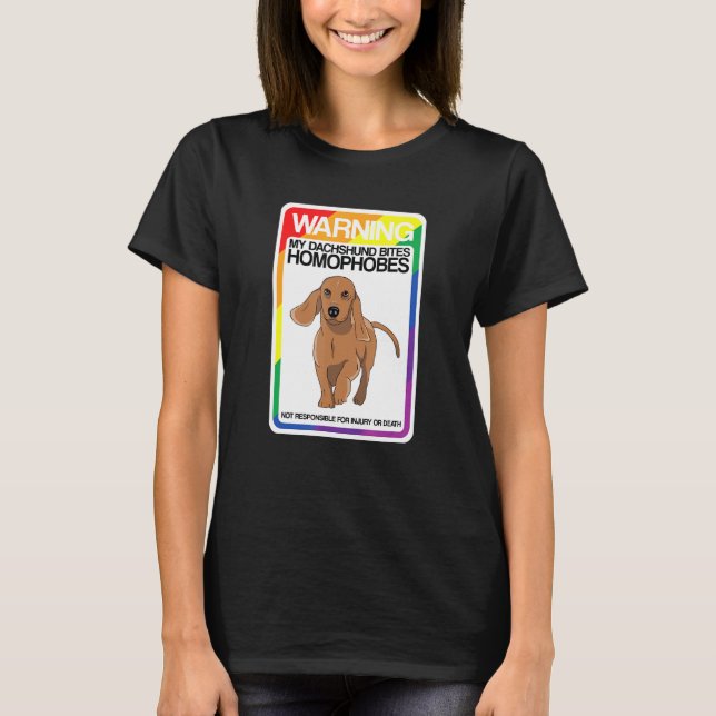 Camiseta Lgbt Aviso do Arco-Íris Dachshund Morde Homófobos (Frente)