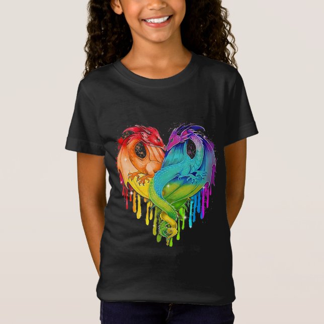 Camiseta Lgbt Dragon Heart Rainbow Heart Dragon Lgbt Pride (Frente)