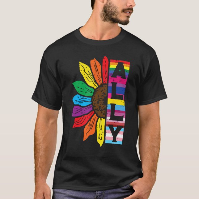 Camiseta Lgbt Gay Ally Sunflower Rainbow Pride Flag Men Wom (Frente)