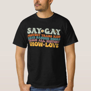 Camiseta LGBT Groovy Diga Gay Proteja Crianças Trans Leia L