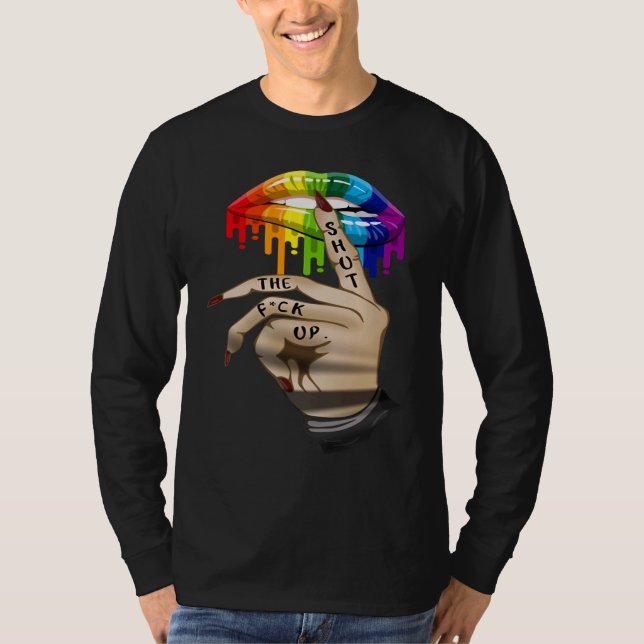 Camiseta LGBT Lábio Cale A Boca Droga Arco-íris (Frente)