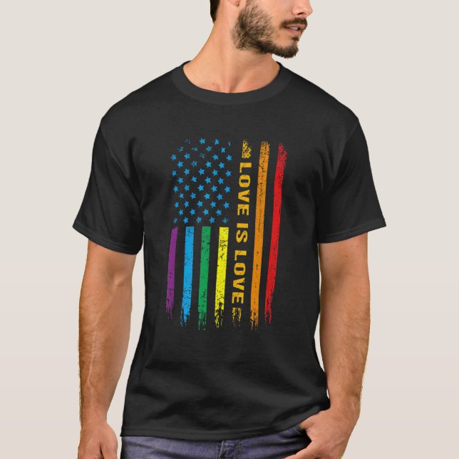Camiseta Lgbt Love Is Love American Flag Orgulho gay Lgbtq (Frente)