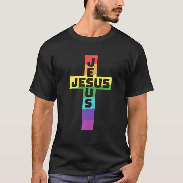 Camiseta LGBT Orgulho gay Jesus Arco-Íris Bandeira Cristã C (Frente)