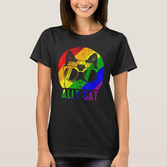 Camiseta Lgbt Pride Ally Cat Rainbow Flag Gay Suportes Lésb (Frente)