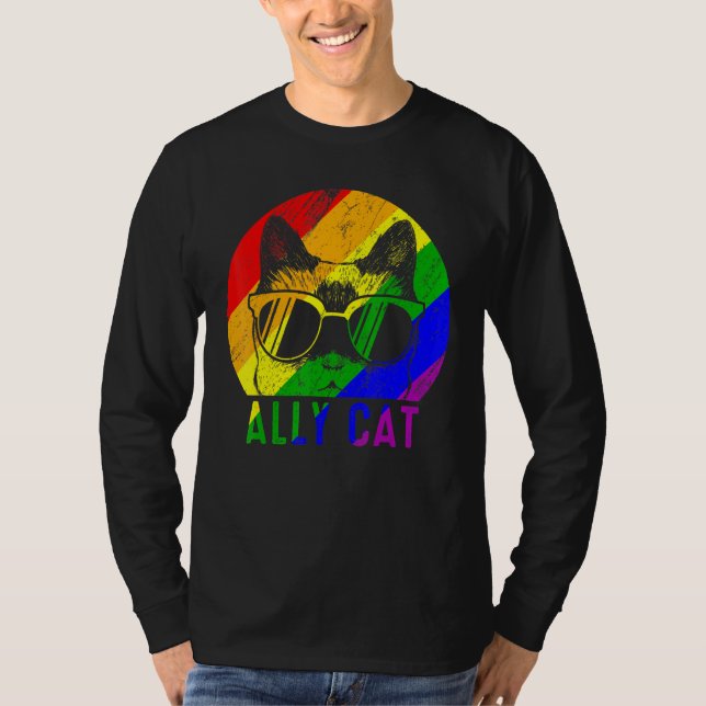 Camiseta Lgbt Pride Ally Cat Rainbow Flag Gay Suportes Lésb (Frente)