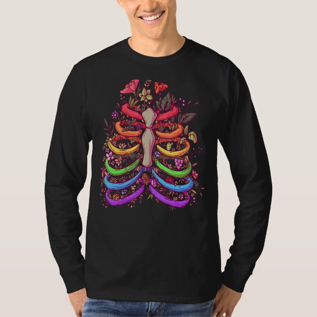 Camiseta Lgbt Prim Flower Rib Cage Arco Arco-Íris Skeleton  (Frente)