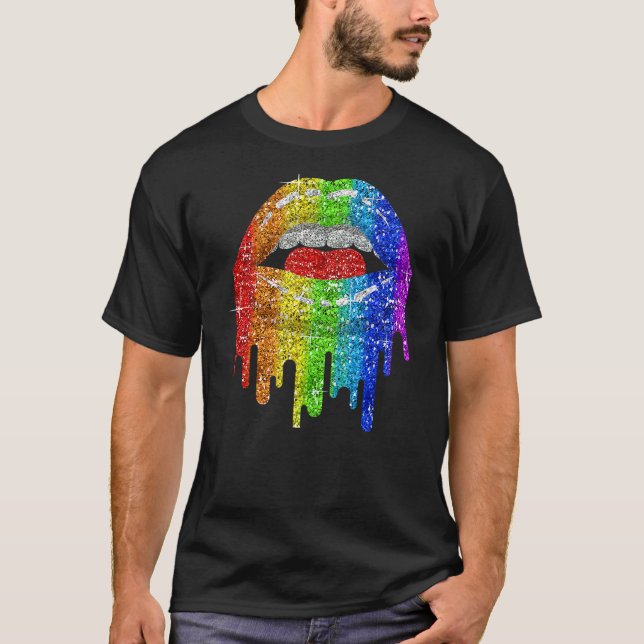 Camiseta Lgbt Rainbow Bling Lábios Orgulho Gay da Lesbia bi (Frente)