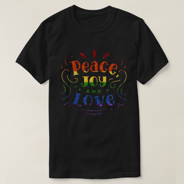 Camiseta LGBT Rainbow Glitter Peace Joy Love (Frente do Design)