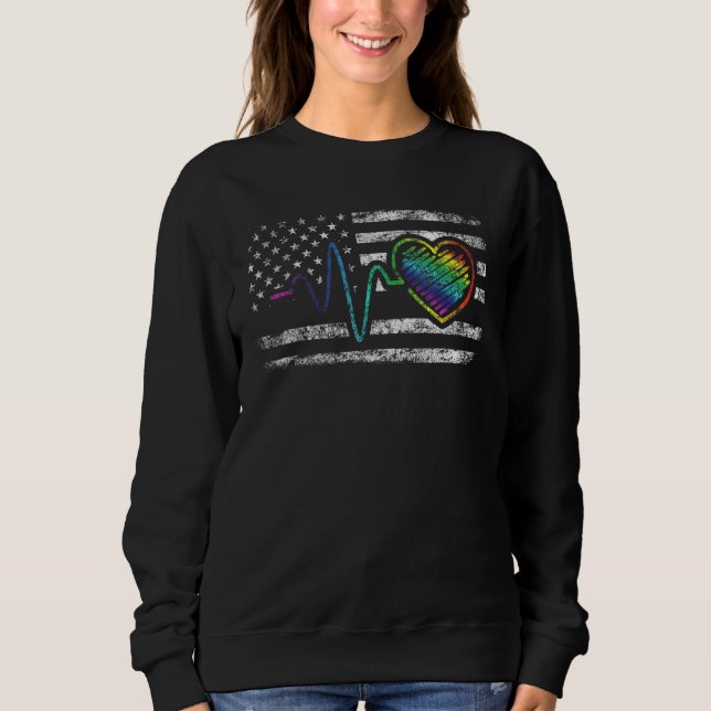 Camiseta Lgbt Rainbow Heartbeat Retro Us Flag Pride Equalit (Frente)
