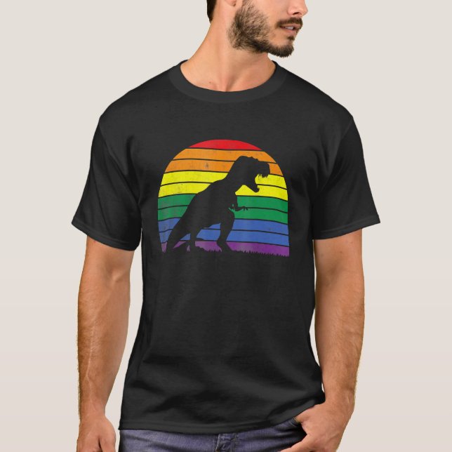 Camiseta LGBT Rex Gay Pride Lesbian Dinosaur Sunset Retro V (Frente)