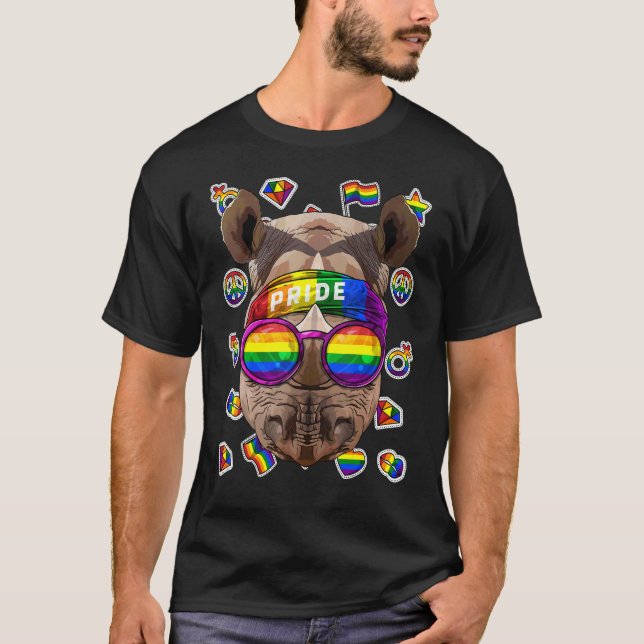 Camiseta Lgbt Rhino Orgulho gay Mês Animal Rainbow Lésbica (Frente)