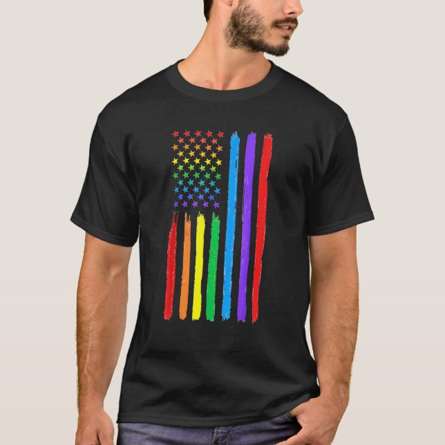 Camiseta Lgbtq American Flag Pride Rainbow Gay Lésbica Bi T (Frente)