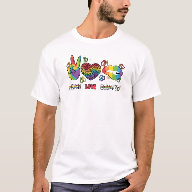 Camiseta LGBTQ - Paz, Amor, Igualdade - Cores Arco-íris (Frente)