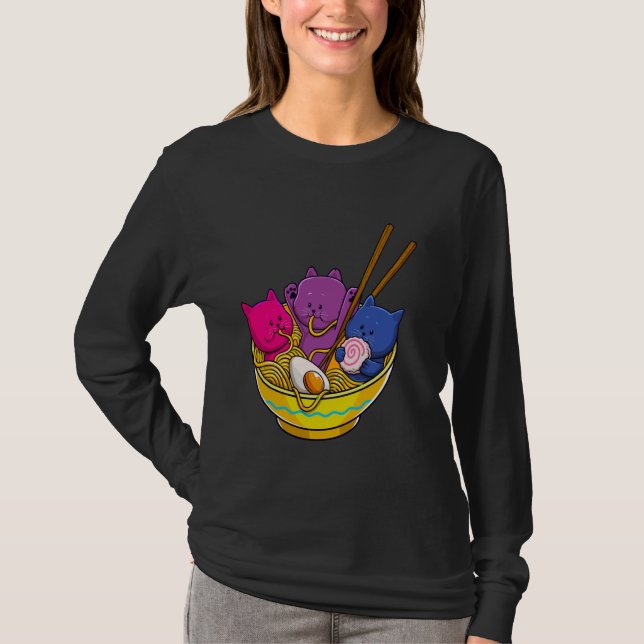 Camiseta LGBTQ Rainbow Bisexual Pride Flag Cats In Ramen An (Frente)