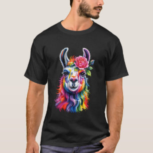 Camiseta Lhama Alpaca Lama Colorida Flor de Rosa para Mulhe