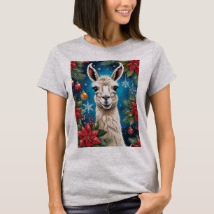 Camiseta Lhama de Natal com Poinsettias e Enfeites