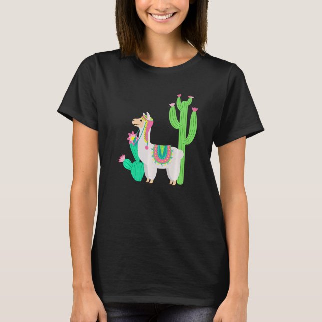 Camiseta Lhama Fofa Com Flor & Cacto  Roupa De Camelídeo (Frente)