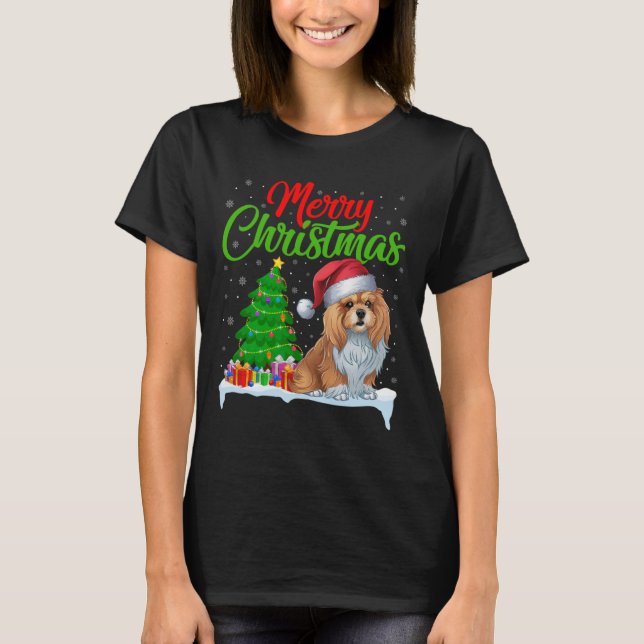 Camiseta Lhasa Apso Cachorro Árvore De Natal Luz Engraçada  (Frente)