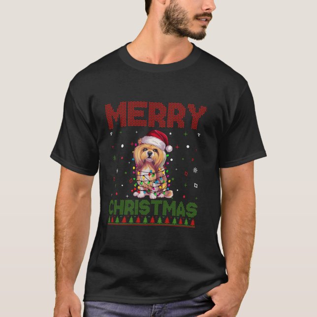 Camiseta Lhasa Apso Dog Amava Santa Hat Funny Ugly Christm (Frente)