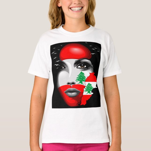 Camiseta Líbano Flag e Map no rosto da menina (Frente)