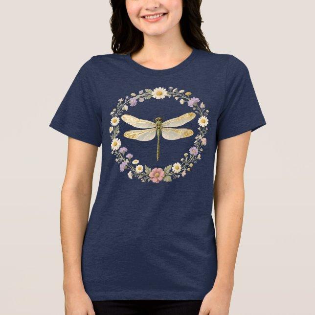 Camiseta Libélula Botânica Aura Dourada (Frente)