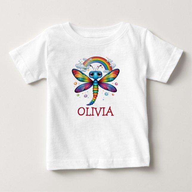 Camiseta Libélula Colorida Fofa com Arco-íris (Frente)