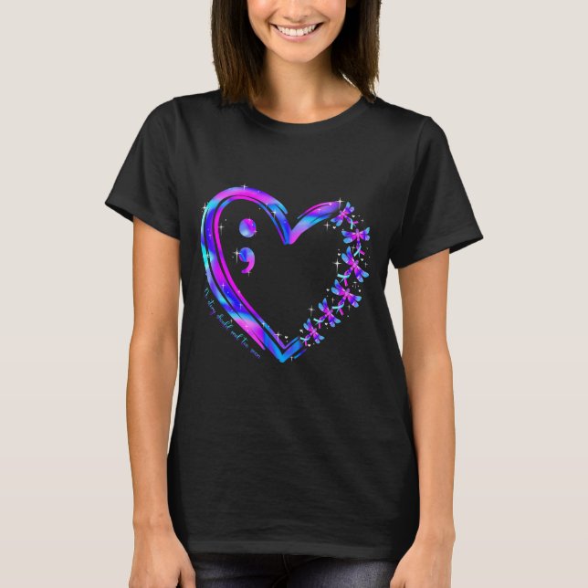 Camiseta libélula coração roxo azul prevenção conscientizaç (Frente)