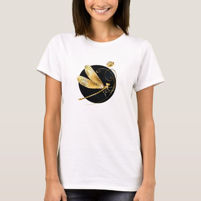 Camiseta libélula ouro em círculo preto (Frente)
