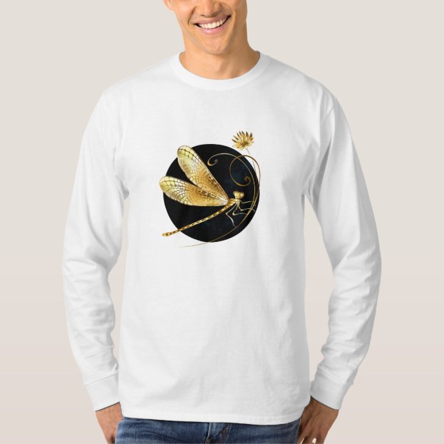 Camiseta libélula ouro em círculo preto (Frente)
