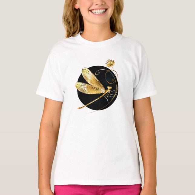 Camiseta libélula ouro em círculo preto (Frente)