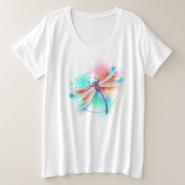 Camiseta libélula vermelha sobre fundo de aquarela (Frente do Design)