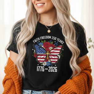 Camiseta Liberdade de Fé 250 Anos Borboleta Patriótica EUA