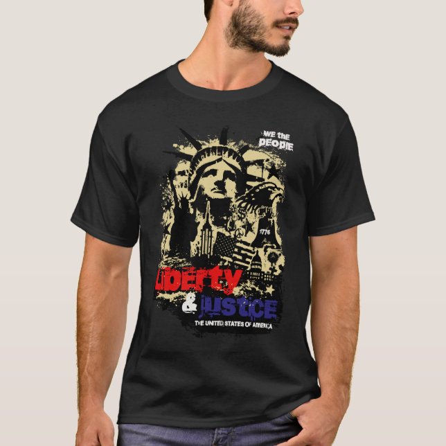 Camiseta Liberdade e Justiça. Estátua da Liberdade, EUA (Frente)