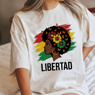Camiseta Liberdade Mulher Negra Com Borboletas E Flores