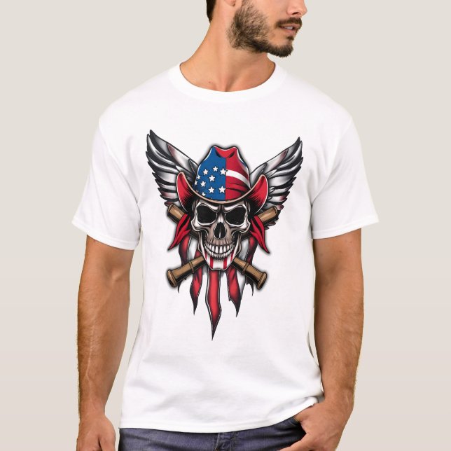 Camiseta Liberdade selvagem, crânio americano com morcegos  (Frente)
