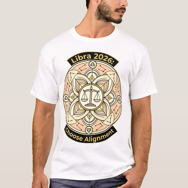 Camiseta Libra 2026 Zodíaco Mandala de Balanças – Equilíbri (Frente)