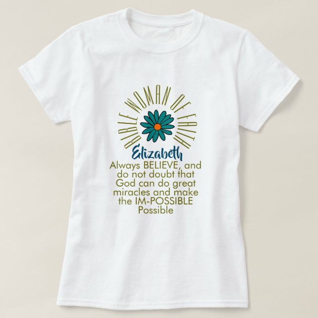 Camiseta Lição Para Mulheres Bíblias de Fé Elizabeth Christ (Frente do Design)