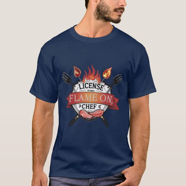 Camiseta Licença para Grill - Flame On, Chef CHURRASCO Tee (Frente)