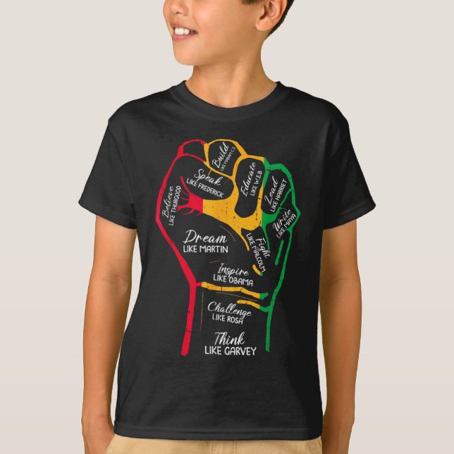 Camiseta Líderes Negros Inspiradores Punho Poderoso Mão Mês (Frente)