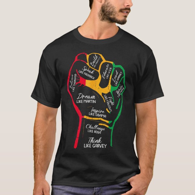 Camiseta Líderes Negros Inspiradores Punho Poderoso Mão Mês (Frente)