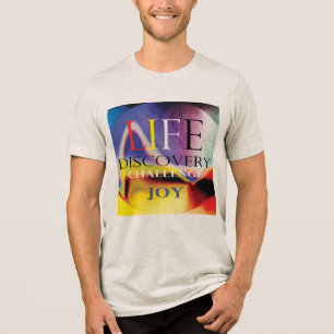 Camiseta "Life Discovery Challenge Joy" Arte Amarela Azul